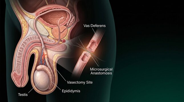 Medical illustration showing vas deferens and vasectomy site in male reproductive system