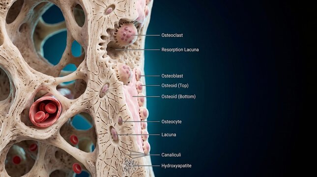 3D illustration of bone cells and mineral structure in human skeletal tissue
