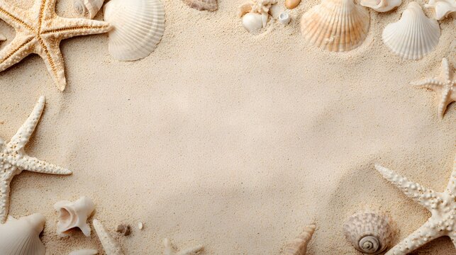 Seashell and Starfish Border Frame on Fine Sand. Sandy Beach Frame with Starfish and Seashells in Corners. Beach Sand Texture Framed with Seashells and Dried Starfish