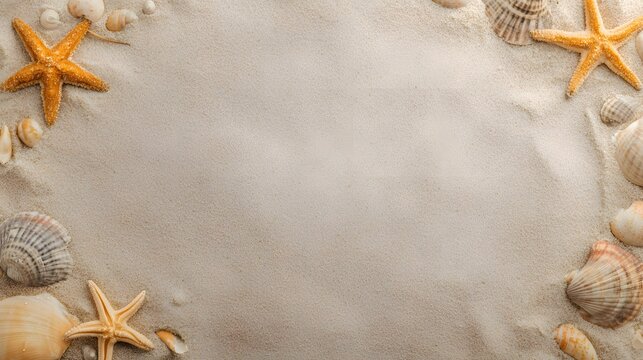 Seashell and Starfish Border Frame on Fine Sand. Sandy Beach Frame with Starfish and Seashells in Corners. Beach Sand Texture Framed with Seashells and Dried Starfish