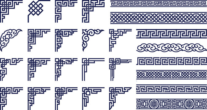 Traditional Chinese corner and border patterns vector collection with meander and knot motifs