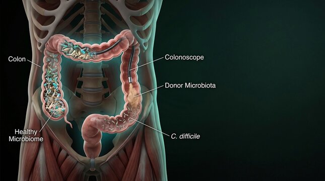 Medical illustration showing colonoscopy procedure and intestinal microbiome transplant