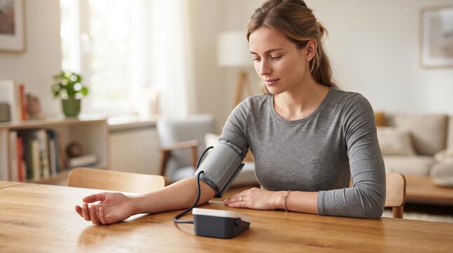 Woman measuring blood pressure at home for health monitoring
