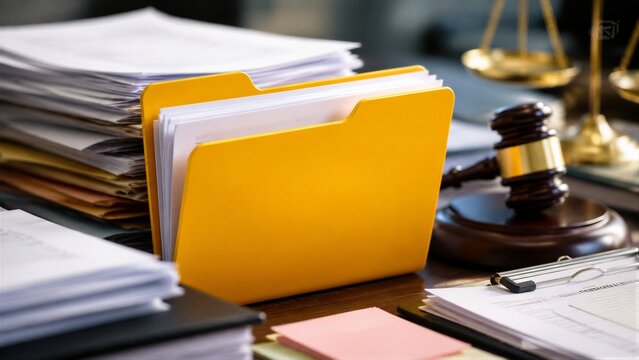 Open yellow folder among legal documents on wooden table