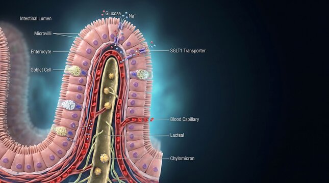 3D Illustration of Intestinal Microvilli and Nutrient Absorption in the Small Intestine