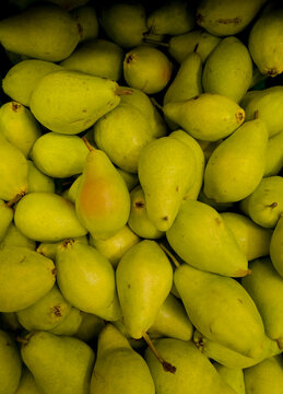 Fresh ripe green pears piled together in bulk display