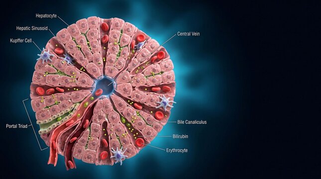 3D Illustration of Liver Tissue Structure with Hepatocytes and Blood Vessels