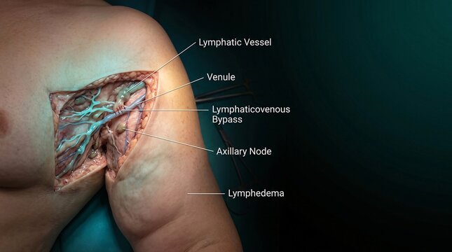 Medical illustration of lymphatic vessel and lymphovenous bypass in human arm and axillary region