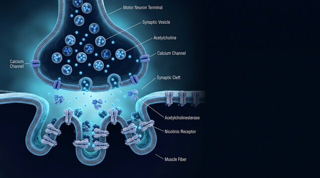 Diagram showing acetylcholine release from motor neuron terminal into synaptic cleft to activate muscle fiber