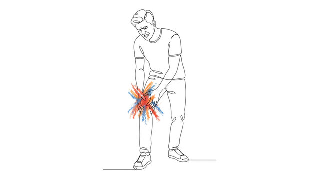 Continuous Line Art Male Patient with Knee Pain Holding His Knee, Medical Healthcare Vector Illustration