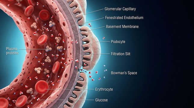 3D illustration of glomerular capillary filtration in kidney nephron with cells and molecules