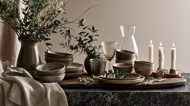 Stoneware bowls, plates, and glasses with lit candles, green branches, and delicate linen, setting a warm, inviting atmosphere