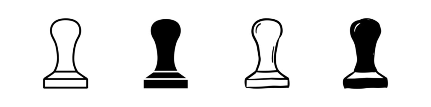 Set of rubber stamp icons in outline, solid, and hand-drawn styles. Vector illustration of office stamper tools for documents, seals, and certification symbols on white background.