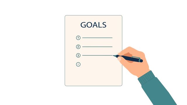 Goal Setting Concept. Flat Design Animation of Hand Writing A Numbered Goals List On Paper,Personal Planning, Business Productivity,  And New Year Resolutions
