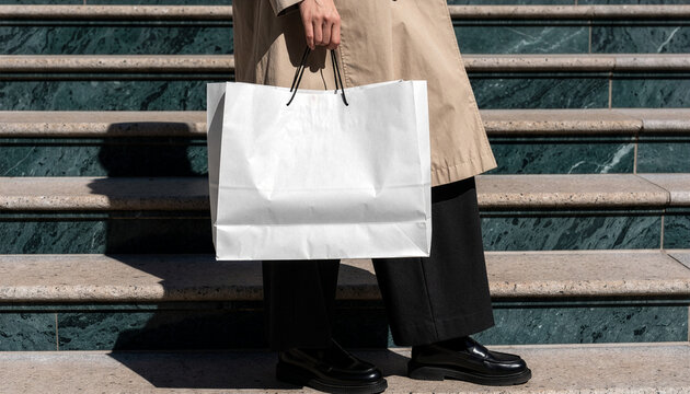 Blank white paper shopping bag mockup held by person on stone steps