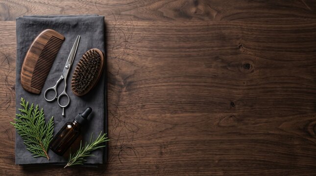 World Beard Day barber grooming tools with wooden comb, scissors, brush and beard oil arranged on dark walnut table with copy space