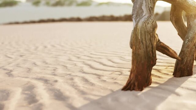 A piece of driftwood stands on a sandy beach at sunset. The sun creates long shadows and emphasizes the patterns in the sand. The background shows outlines of buildings in the distance.