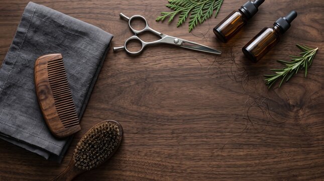 World Beard Day professional barber kit with scissors, wooden comb, beard brush, grooming oils and herbs arranged around generous copy space