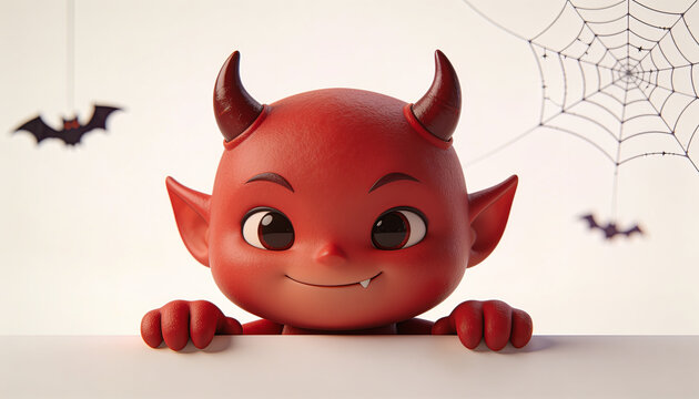 Devil character peeking over white border. Playful Halloween background with spiderweb and hanging bats. Friendly cartoon demon 3D render.