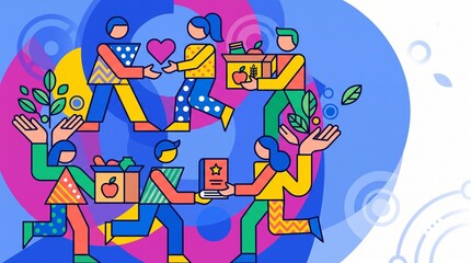 Obraz premium International Day of Charity colorful illustration with volunteers sharing food, books and kindness, representing donations, humanitarian aid, sustainability and community support