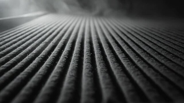 Low angle monochrome shot of textured surface with parallel lines and billowing smoke in a dark environment
