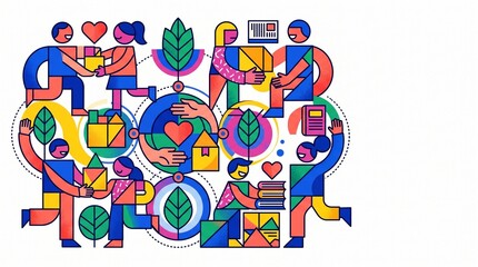 Fototapeta premium International Day of Charity colorful illustration of volunteers sharing donations, books and packages, representing community service, generosity, education, sustainability and humanitarian support