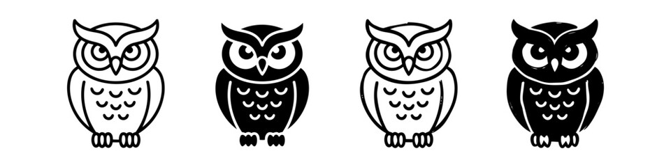 Fototapeta premium Set of four stylized owl icons in varying black and white minimalist designs. Modern vector bird silhouettes and line art symbols of wisdom, ideal for logos, stickers, and education.