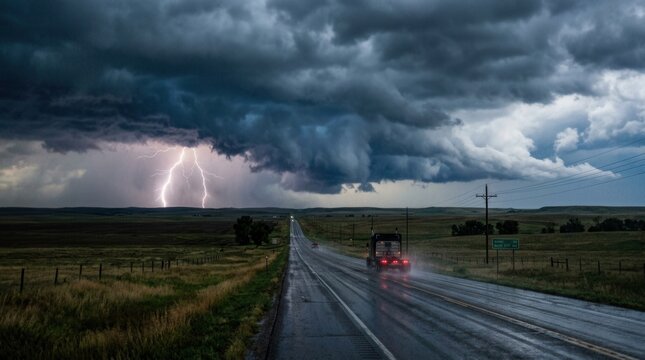 Dramatic Thunderstorm with Lightning Strikes Over a Wet Highway.