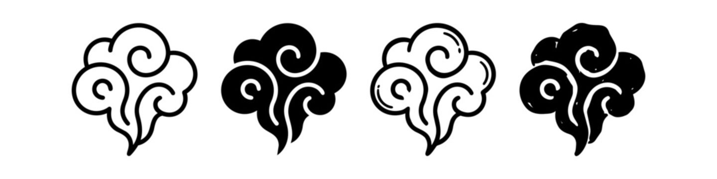 Collection of four stylized cloud and steam icons in various black and white styles, from minimalist outlines to solid silhouettes. Ideal for oriental, weather, or decorative graphic design projects.