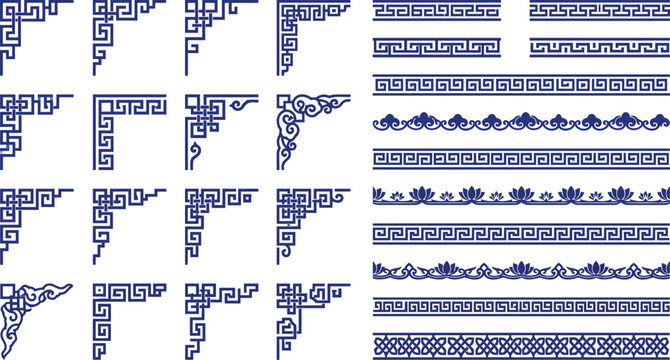 Traditional Chinese corner and border patterns vector collection with meander and lotus motifs