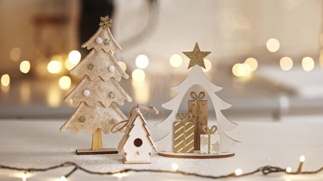 Christmas Trees And Gifts On A Table Against A Background Of Blurred Garland Lights
