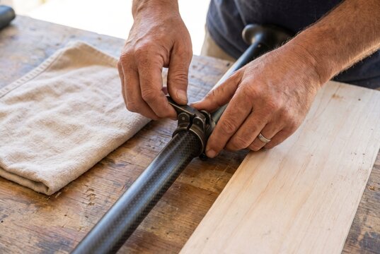 Hands closing the clamp on a carbon fiber stand up paddleboard paddle