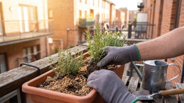 Gloved hands planting fresh rosemary and thyme herbs into a brown balcony planter