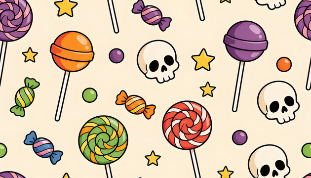 Halloween seamless pattern with lollipops and skulls. Cartoon style vector illustration featuring sweets, stars and hard candy for party backgrounds.