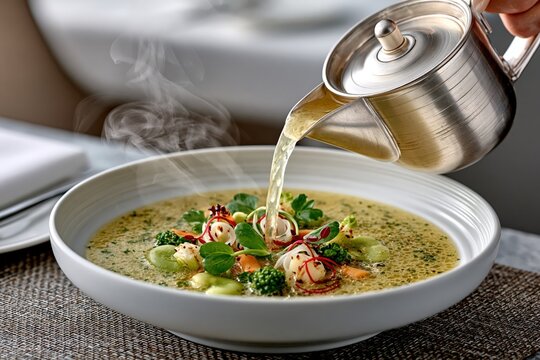 Hot vegetable soup pouring broth from teapot in gourmet restaurant