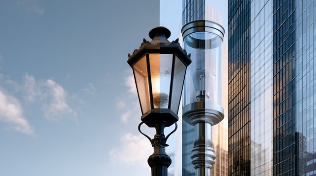 Streetlight showing historical evolution and modern technology in a cityscape, contrasting past and present urban development, progress, and change