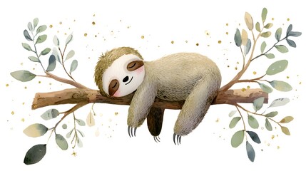 Naklejka premium Watercolor Sloth Sleeping on Tree Branch with Pink Leaves. Watercolor Cute Sloth Sleeping on Branch with Autumn Leaves