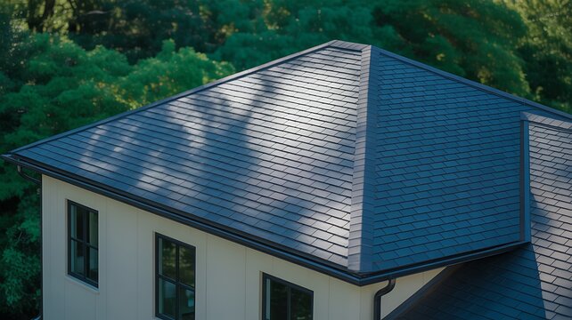 House roof with blue siding and metal panels