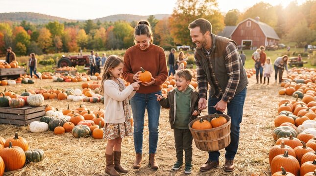 Family selecting pumpkins at pumpkin patch for autumn harvest