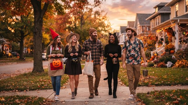 Group of friends walking in Halloween costumes on suburban street