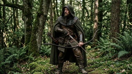 Obraz premium Hooded archer standing ready in mossy temperate forest