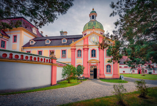 Exciting summer view of St. Marienthal Monastery - oldest Cistercian nunnery in the country. Gorgeous morning cityscape of Ostritz town, district Gorlitz, Saxony, eastern Germany, Europe. 