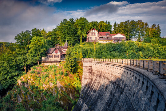 Gorgeous morning view of historical landmark - Lesnianska Dam (Marklissa Dam), district of Gmina Lesna, Lower Silesian Voivodeship, Poland, Europe. Amazing summer scene of polish countryside, Europe. 