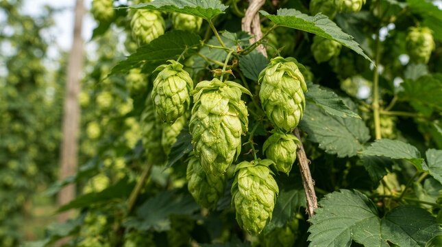 Hops cones hanging on vine in outdoor hop field plantation