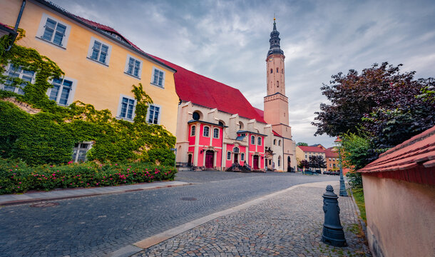 Stunning summer view of St. Peter und Paul Monastery Lutheran Church. Spectacular morning cityscape of Zittau - southeasternmost city in German state of Saxony, Gorlitz district , Germany, Europe.