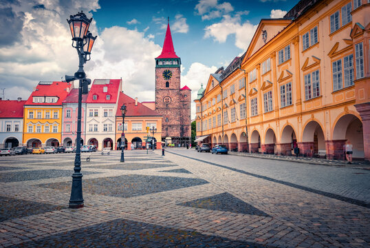 Splendid evening view of Valdice Gate Tower. Picturesque summer cityscape of Jicin with empty Town square, Hradec Kralove Region, Czech Republic, Europe. Traveling concept background.
