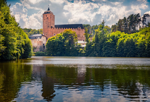Stunning summer view of Kost Castle, 14th-century fortress with medieval-style restaurant. Amazing morning cityscape of Podkost village, Czech Republic, Europe. Traveling concept background.