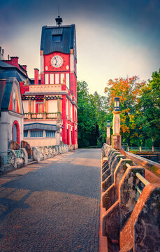 Vertical summer picture of Small Hydroelectric Power Station Hucak. Sunny morning cityscape of Hradec Kralove, Czech Republic, Europe. Traveling concept background.