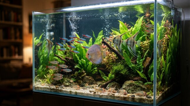 Planted freshwater aquarium with colorful tropical fish display