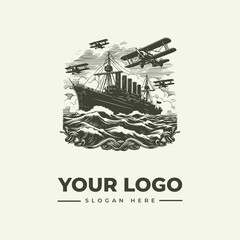 Fototapeta premium Vintage style illustration of a battleship and biplanes in the ocean for logo design.